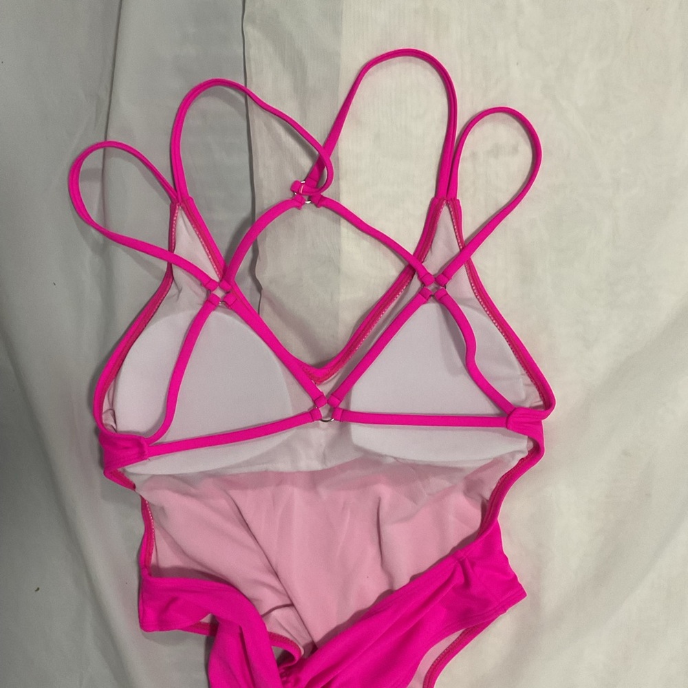 NWOT Backless Hot Pink Strappy Cheeky Bold 1 Piece Super High Cut Bottom Swimsui - Picture 2 of 9